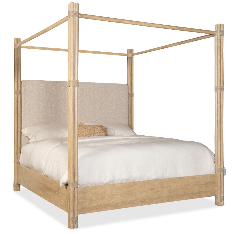 Retreat Pole Rattan Cal King Upholstered Poster Bed withCanopy